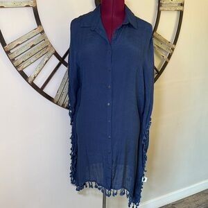 Aimage Blue Button-Up Tunic with Fringe